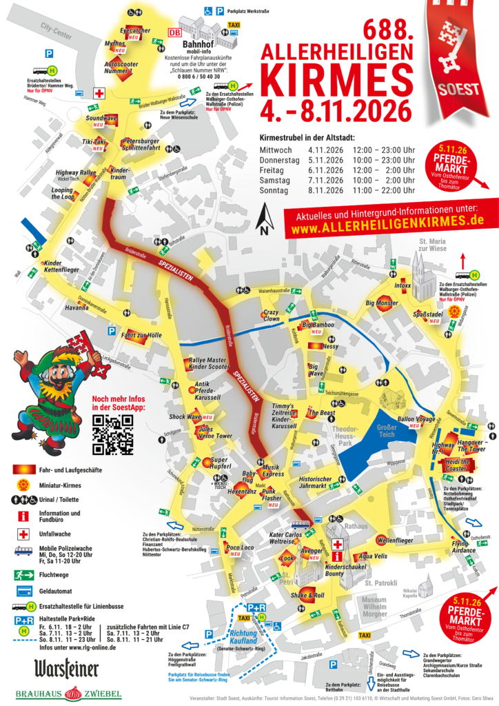 Kirmesplan der Allerheiligenkirmes Soest 2026 mit allen Fahrgeschäften und Öffnungszeiten