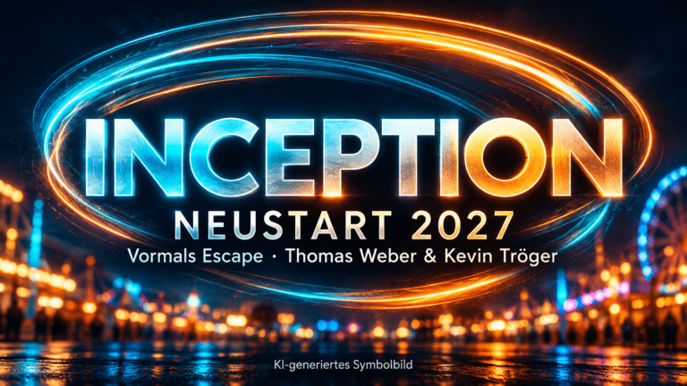 Inception – Neustart 2027: KI-Titelmotiv mit blauen und orangefarbenen Lichtspuren sowie den Namen Thomas Weber und Kevin Tröger.
