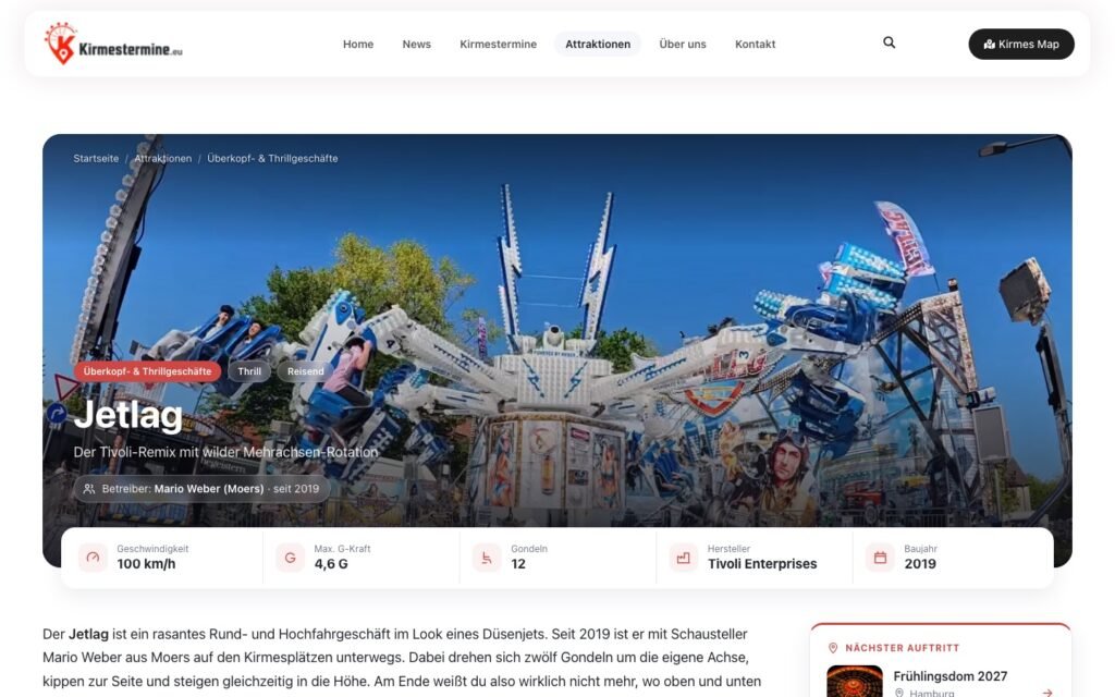 Neue Attraktionsseite auf Kirmestermine.eu mit Steckbrief und nächstem Auftritt