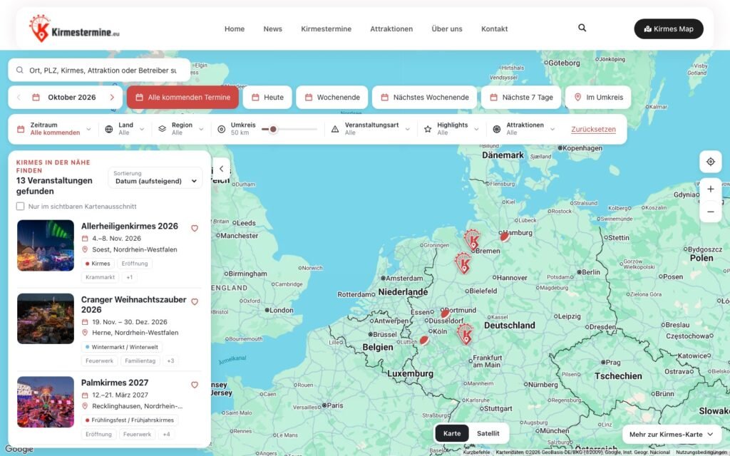 Kirmes-Karte von Kirmestermine.eu mit Filterleiste und Kirmes-Pins auf der Landkarte