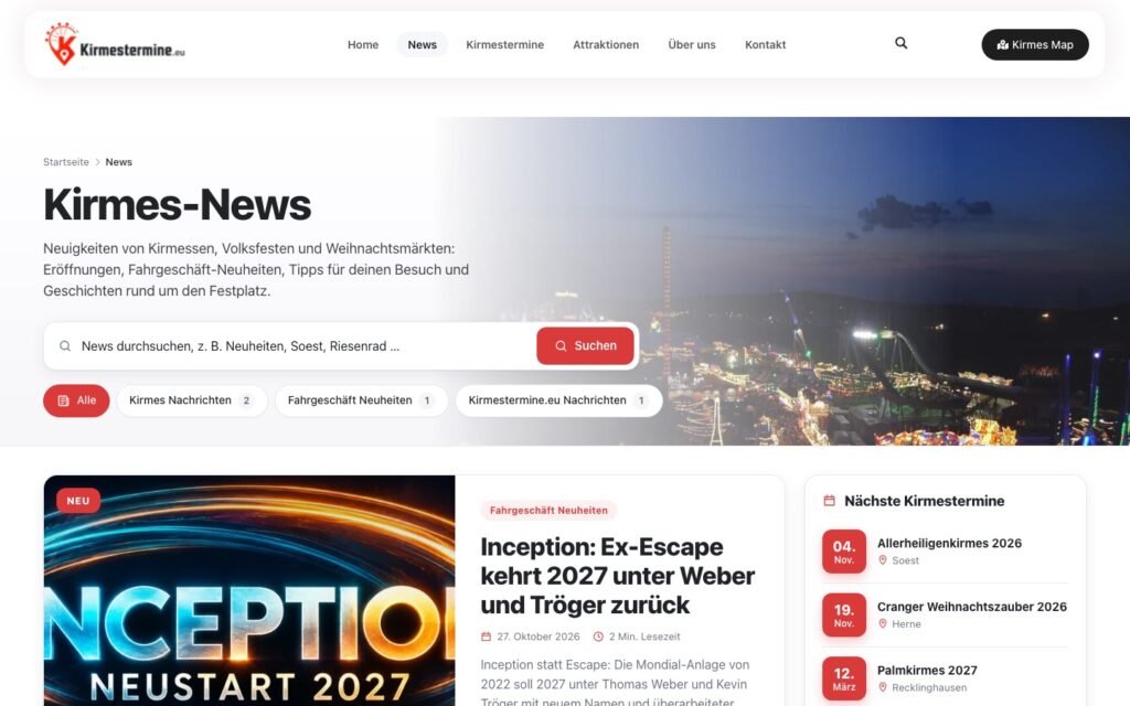 Kirmes-News auf Kirmestermine.eu mit Rubriken, Suche und nächsten Kirmesterminen