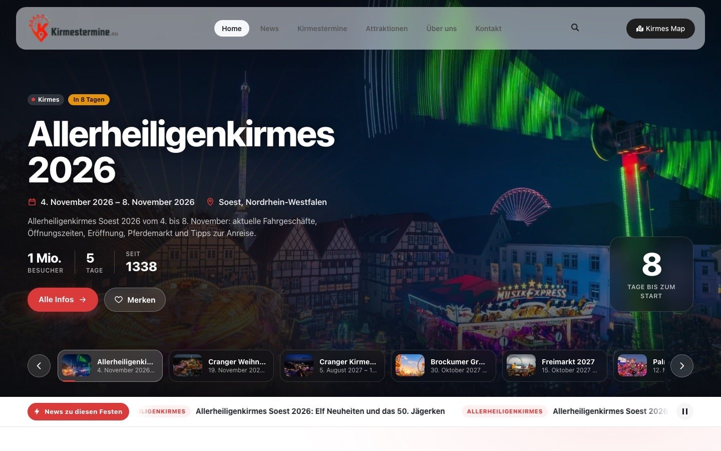 Kirmestermine.eu im neuen Design: Startseite mit großer Festbühne und Countdown Kirmestermine.eu im neuen Design: Startseite mit großer Festbühne und Countdown