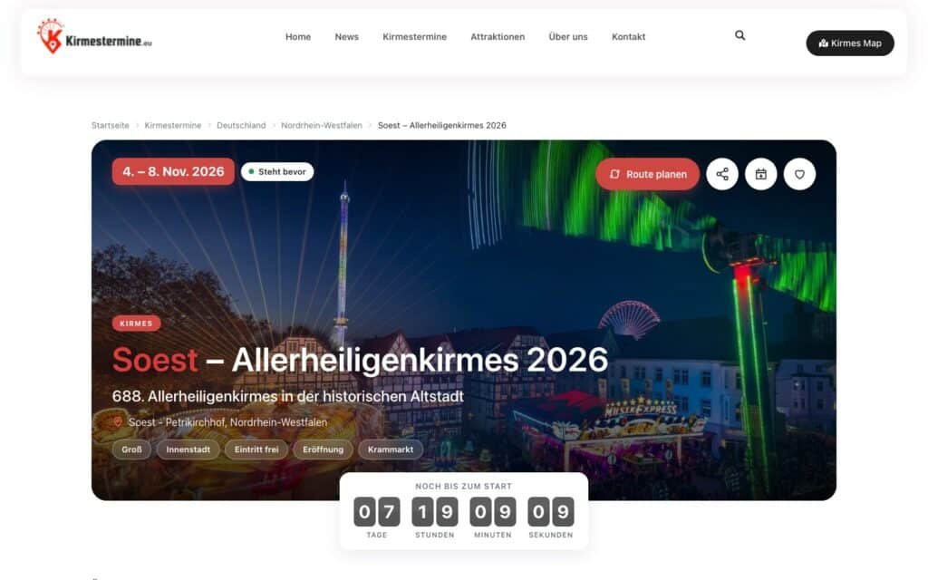 Neue Veranstaltungsseite auf Kirmestermine.eu mit Countdown, Route und Merkliste