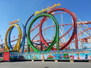 Olympia Looping auf dem Hamburger Dom 2026 – Seitenansicht Seitlicher Blick auf die grünen, roten, schwarzen, blauen und gelben Loopings des Olympia Looping.